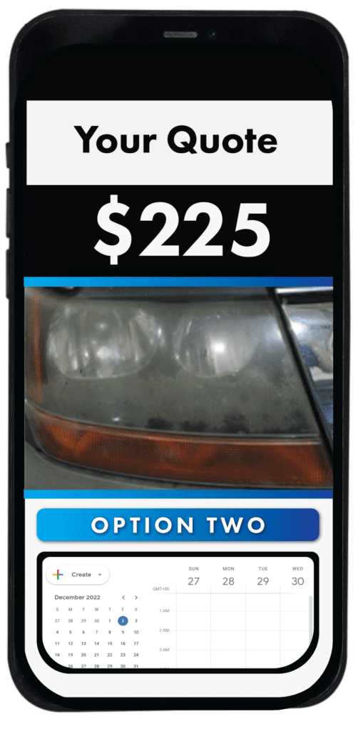 Headlight Restoration 13 an example of a price of $225 for headlight restoration in USA on a phone view